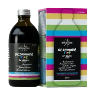 Dr. Immune Five for children, 250ml bottle and box with colourful stripes. Contains prebiotics.