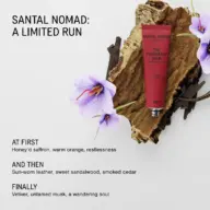 Santal Nomad deodorant balm on bark with purple flowers. Text describes scent notes.