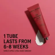 Red deodorant balm tube on pink background. Text: "1 tube lasts from 6-8 weeks.