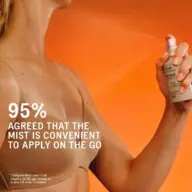 Person holding a spray bottle against an orange background. Text: "95% agreed mist is convenient.