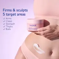 Caudalie body cream held by woman in pink underwear. Text: Firms & sculpts 5 target areas.