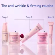 Caudalie anti-wrinkle routine with serum, creams, and eye gel in three steps.