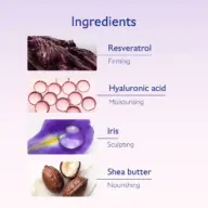Ingredients: Resveratrol, Hyaluronic acid, Iris, Shea butter with benefits listed.