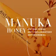 Manuka honey mask with antibacterial, anti-inflammatory, antimicrobial text on orange background.