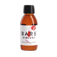 Brown bottle of Bare Biology omega-3 liquid, 150ml, with black cap.