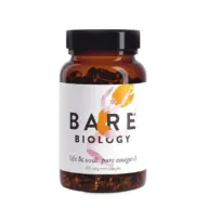 Bare Biology omega-3 capsules, 120 count, in a brown bottle with a black lid.