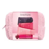 Pink toiletry bag with Caudalie skincare products and text "Your beauty essentials".