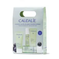 Caudalie skincare set for acne-prone skin, includes cleanser, serum, and moisturiser.