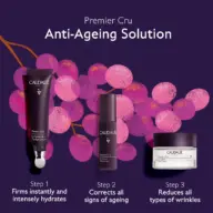 Caudalie Premier Cru anti-ageing products with grape background. Steps: firm, correct, reduce wrinkles.