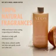 NEOM body wash with natural fragrances, wild mint, mandarin, olive stone, and aloe vera.