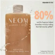 NEOM Great Day Exfoliating Body Wash with water splashes. Text: 80% felt uplifted by fragrance.