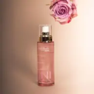 Pink bottle of rose petal hydrating mist with a purple rose above.