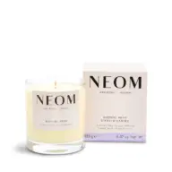 NEOM Bedtime Hero candle, chamomile, ylang ylang, cedarwood, 185g, next to its box.