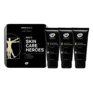 Men's skincare set with face scrub, wash, and moisturiser by Green People.