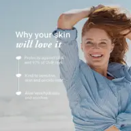 Woman smiling on beach, text: "Why your skin will love it", benefits of skincare product.