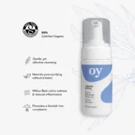 Foaming face wash bottle with text: 90% Certified Organic, gentle cleansing, reduces inflammation.