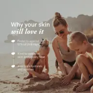 Family building sandcastle on beach; text highlights skincare benefits.