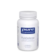 White bottle of PureDefense capsules, 120 count, with vitamins C, D, and zinc.
