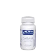 White bottle of PureDefense capsules with Vitamin C, D, and Zinc. 30 capsules.