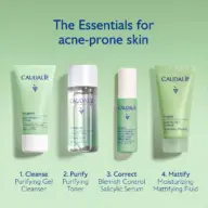 Caudalie Vinopure products for acne-prone skin: cleanser, toner, serum, and mattifying fluid.