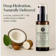 Napiers Wild Yam Body Oil with coconut, jojoba, and MCT oils. Text: Deep Hydration, Naturally Delivered.