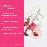 Clinically proven results text with eye cream tube and rose petals on a pink and white background.