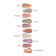 Nine lipstick swatches with names: Flare, Strobe, Sunbeam, Eclipse, Blaze, Spark, Moondust, Aurora, Halo.