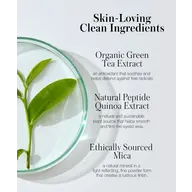 Petri dish with green leaves. Text: Skin-Loving Clean Ingredients, Organic Green Tea Extract.