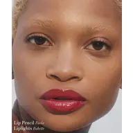 Close-up of a person wearing red lipstick. Text: Lip Pencil Pavla, Liplights Babette.