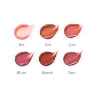 Six lipstick swatches labelled: Bare, Bisou, Crush, Rhythm, Rhapsody, Rumor.