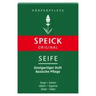 Speick Original Seife soap packaging, green with red band and white text.