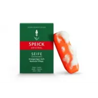 Speick Original soap box and foamy orange soap bar.