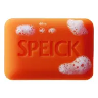 Orange soap bar with "SPEICK" embossed, covered in white foam.