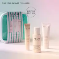 Limited edition Neom skincare set with calming pen, body cleanser, and body butter.