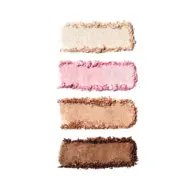 Four swatches of eyeshadow: cream, pink, bronze, and brown on white background.