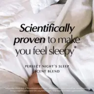 Text on white bedding: "Scientifically proven to make you feel sleepy. Perfect Night's Sleep Scent Blend.