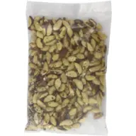 Sealed plastic bag filled with whole Brazil nuts.