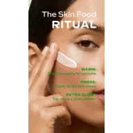 Woman applying cream to cheek with text instructions: Warm, Press, Extra Glow.