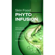 Green bottle with swirling liquid, text: "Skin Food PHYTO INFUSION, 100% natural plant extracts".