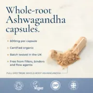 Whole-root Ashwagandha capsules, 600mg, organic, UK tested, no fillers. Vegan and GMP certified.