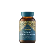 Brown bottle of Ayurvediq Organic Ashwagandha, 120 vegan capsules, food supplement.