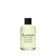 Clear bottle of Olverum bath oil with black cap.