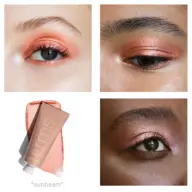 Three eyes with shimmery peach eyeshadow. RMS Beauty Eyelight in "Sunbeam" tube shown.
