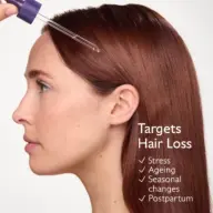 Dropper applying serum to scalp. Text: Targets Hair Loss, Stress, Ageing, Seasonal changes, Postpartum.