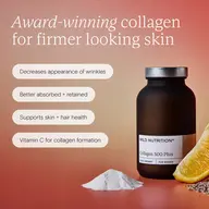 Collagen 500 Plus bottle with powder and lemon slice. Benefits: wrinkle reduction, absorption, skin health.