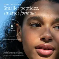 Close-up of a person's face with text: "Smaller peptides, smarter formula".