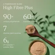 High Fibre Plus powder on green background with text on polyphenols, studies, plant sources, and fibre.