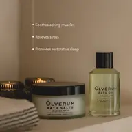 Olverum bath salts and oil with text: Soothes aching muscles, Relieves stress, Promotes sleep.