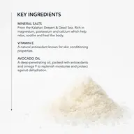 Key ingredients: mineral salts, vitamin E, avocado oil. Pile of mineral salts shown.