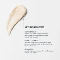 Cream smear with text listing key ingredients: papaya enzyme, bamboo extract, hydroclay.